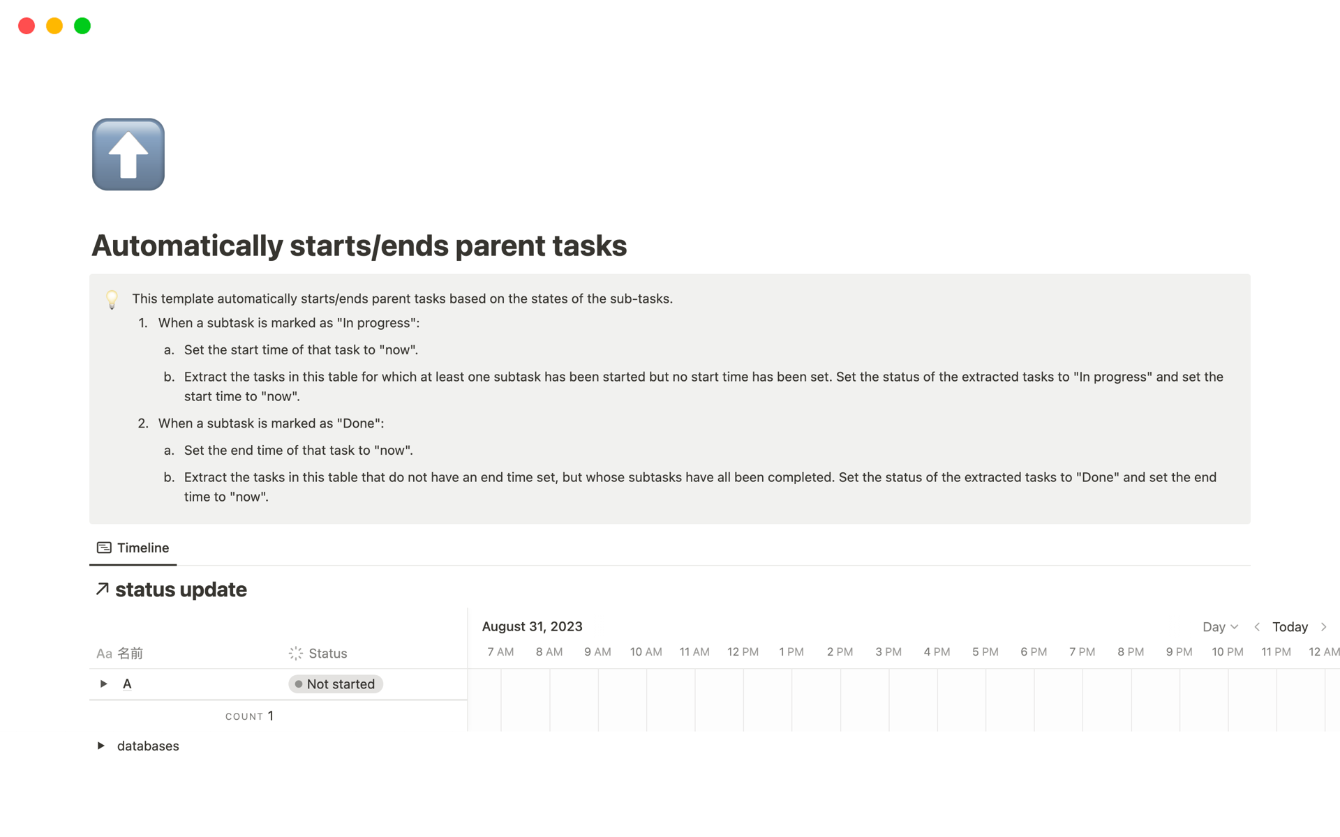 A template preview for Automatically starts/ends parent tasks