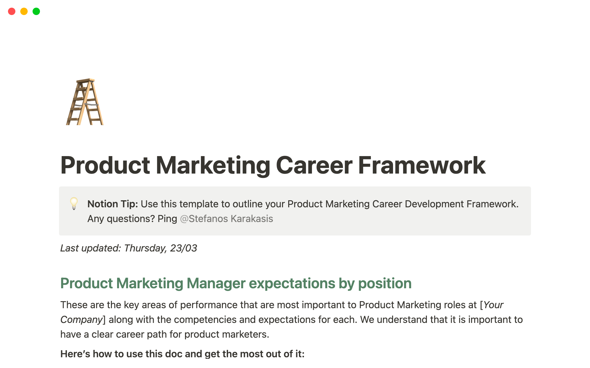 A template preview for Product Marketing Career Framework