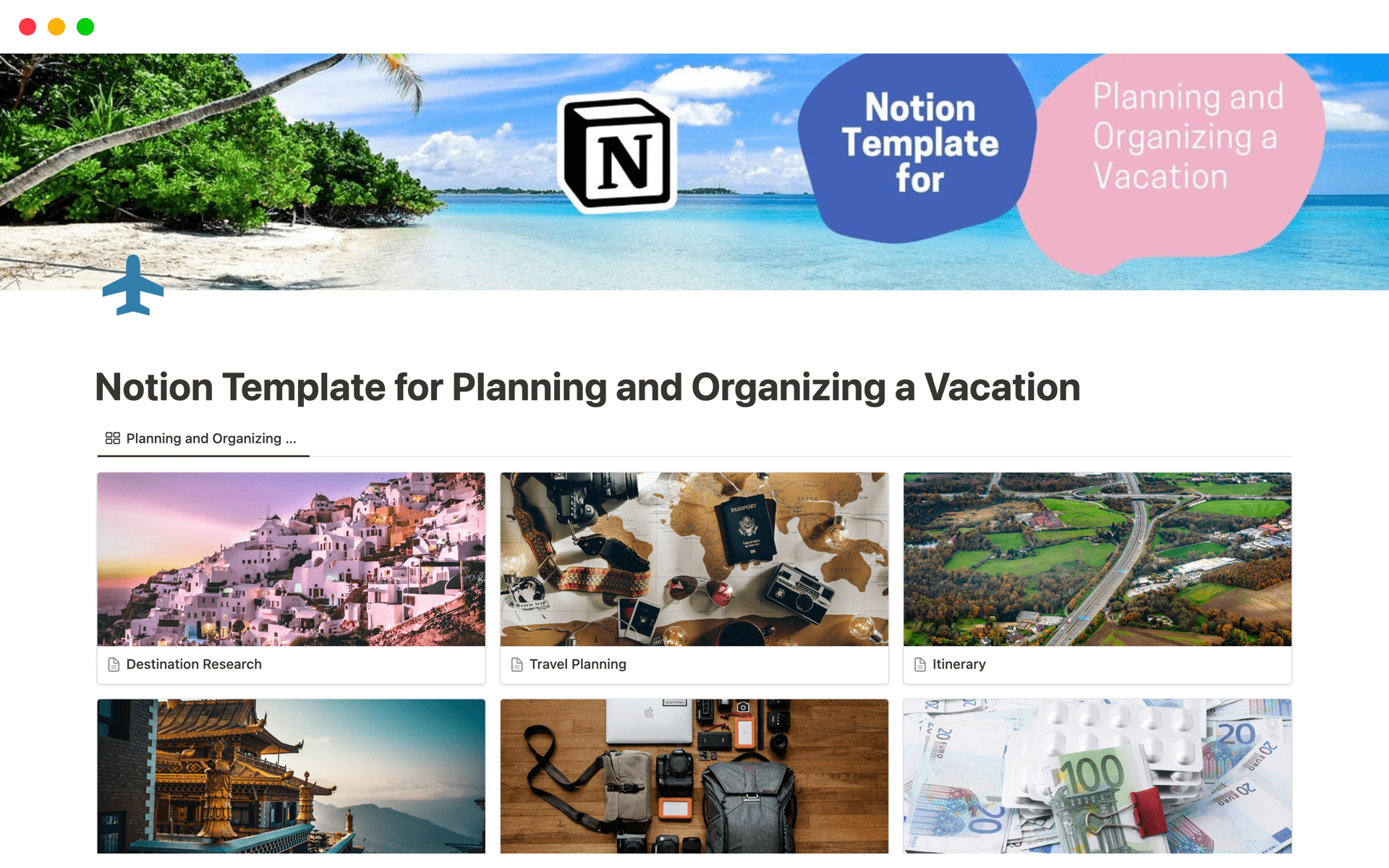 A template preview for Planning a Vacation