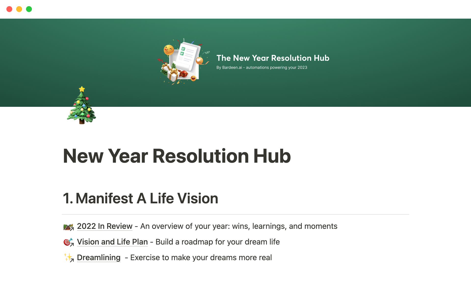 A template preview for New Year resolution hub