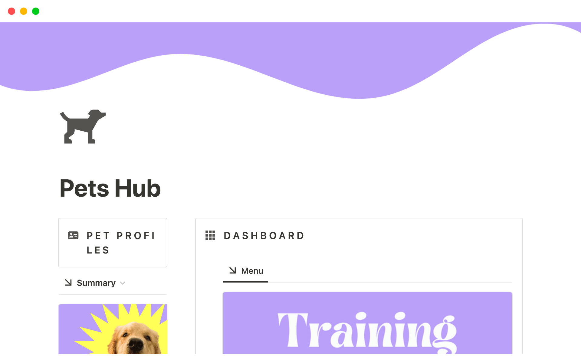 The Pet Hub covers all parts of pet ownership - health, training, grooming, travel planning, finances, pet sitting, keeping track of all kinds of things, and more.