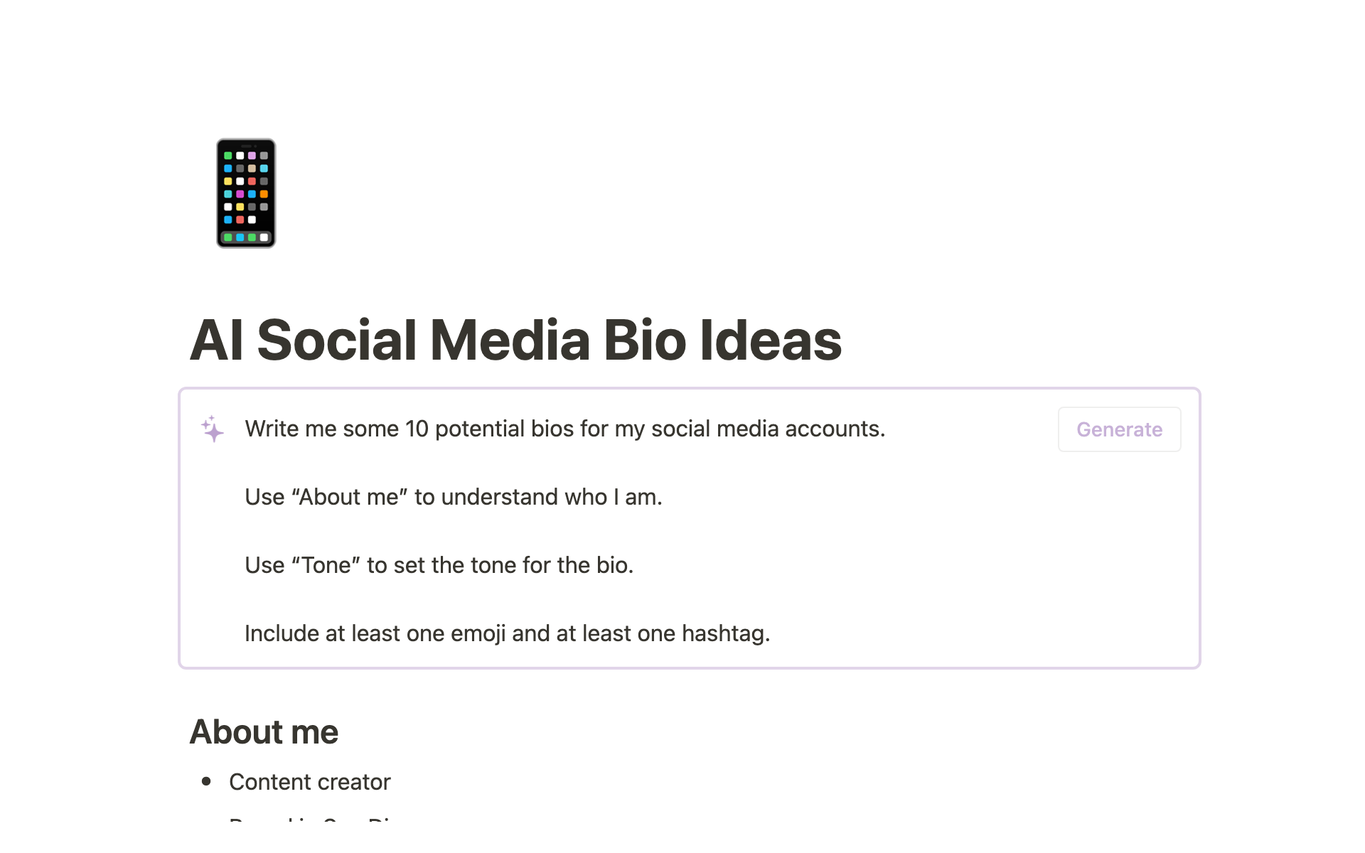 A screenshot of social media bio ideas written with Notion AI.