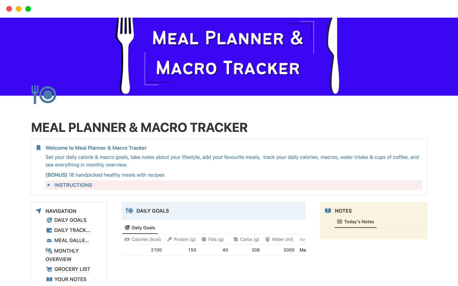 A template preview for MEAL PLANNER & MACRO TRACKER