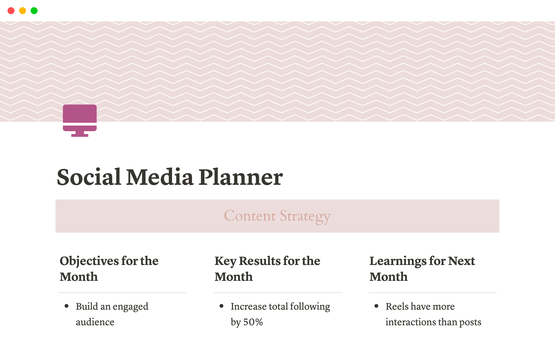 Eine Vorlagenvorschau für Notion Social Media & Content Creation Planner
