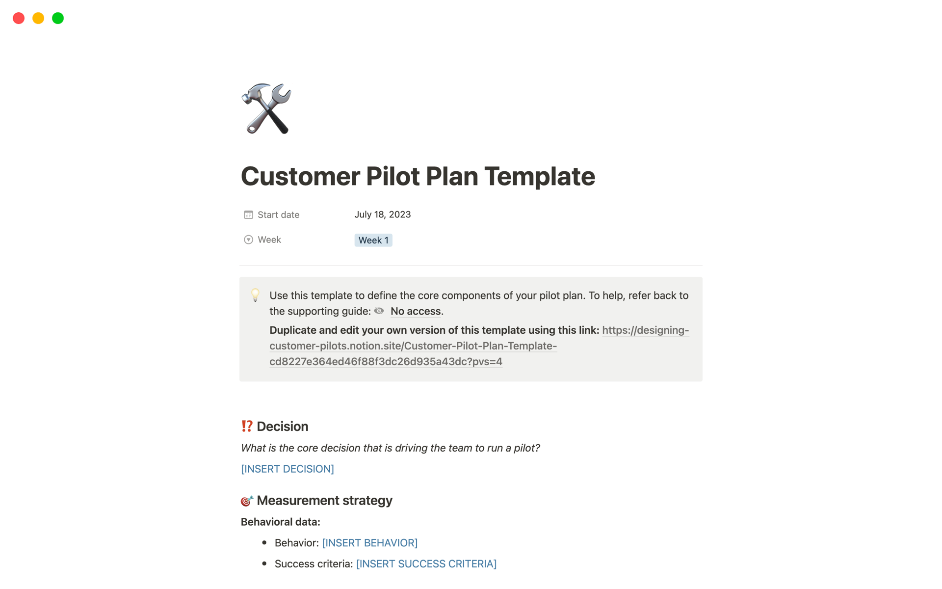 A template preview for Customer Pilot Plan Template