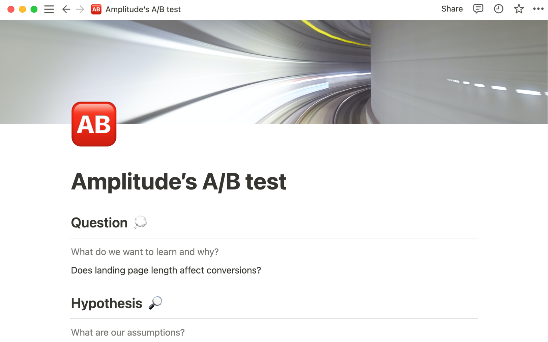 A template preview for Amplitude’s A/B test