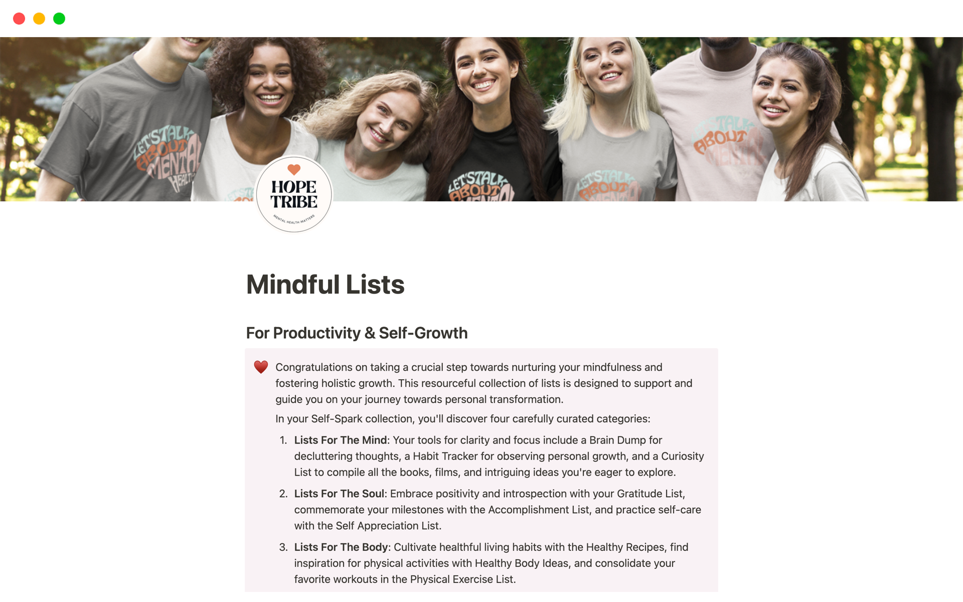 A template preview for Mindful Lists