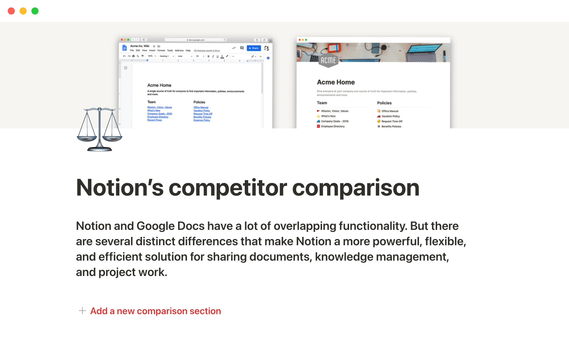 Growing sales teams need a lot of content and this template lets you easily add and update details about your competitor comparison.