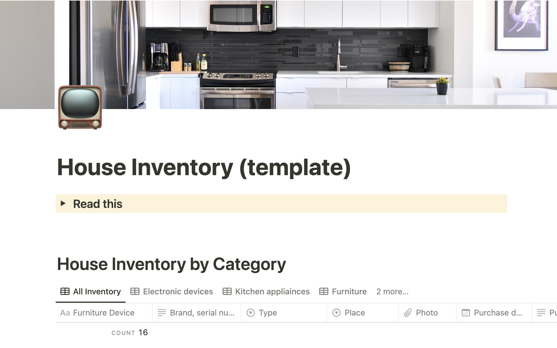 A template preview for House Inventory