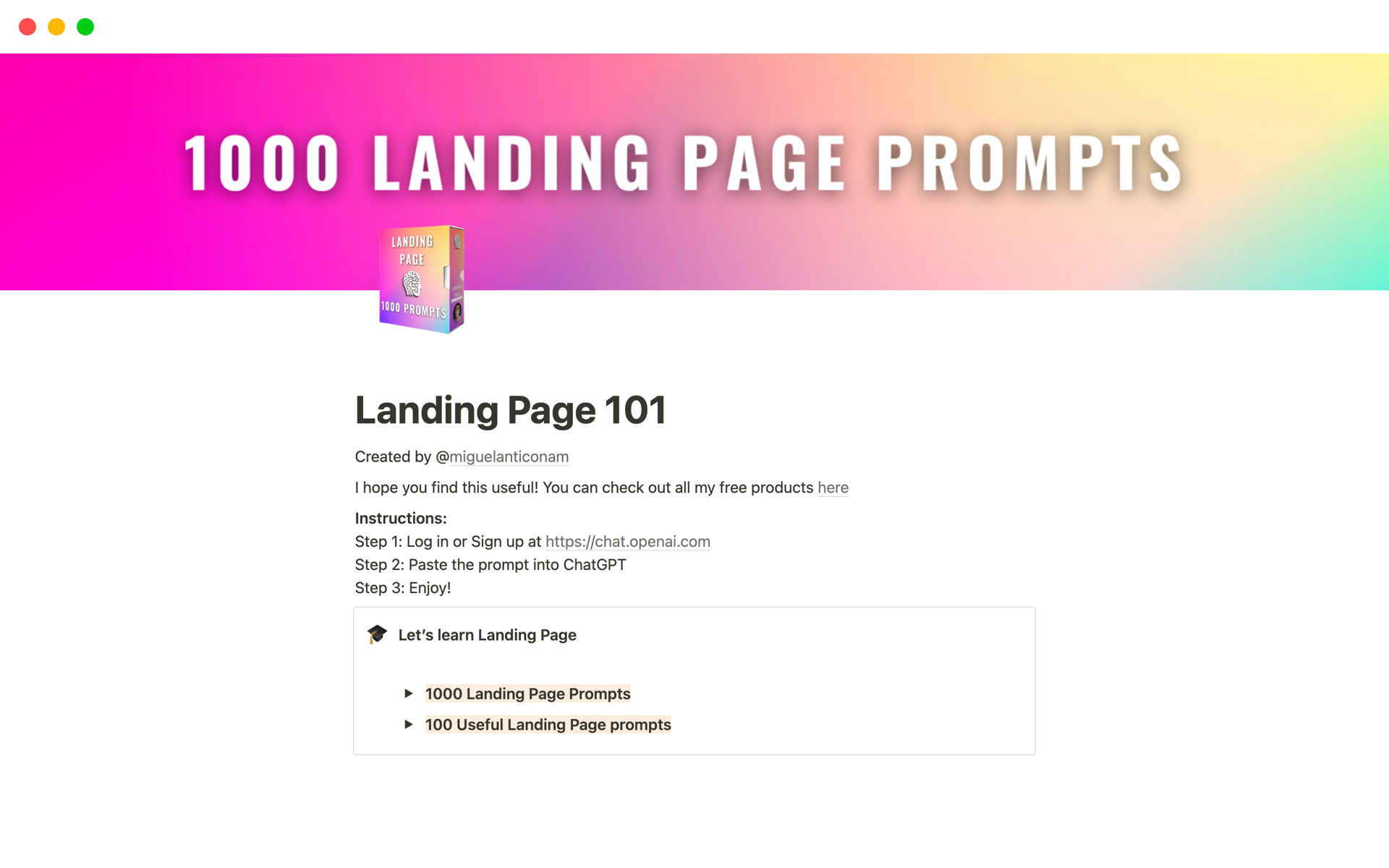 A template preview for 1000 Landing Page Prompts