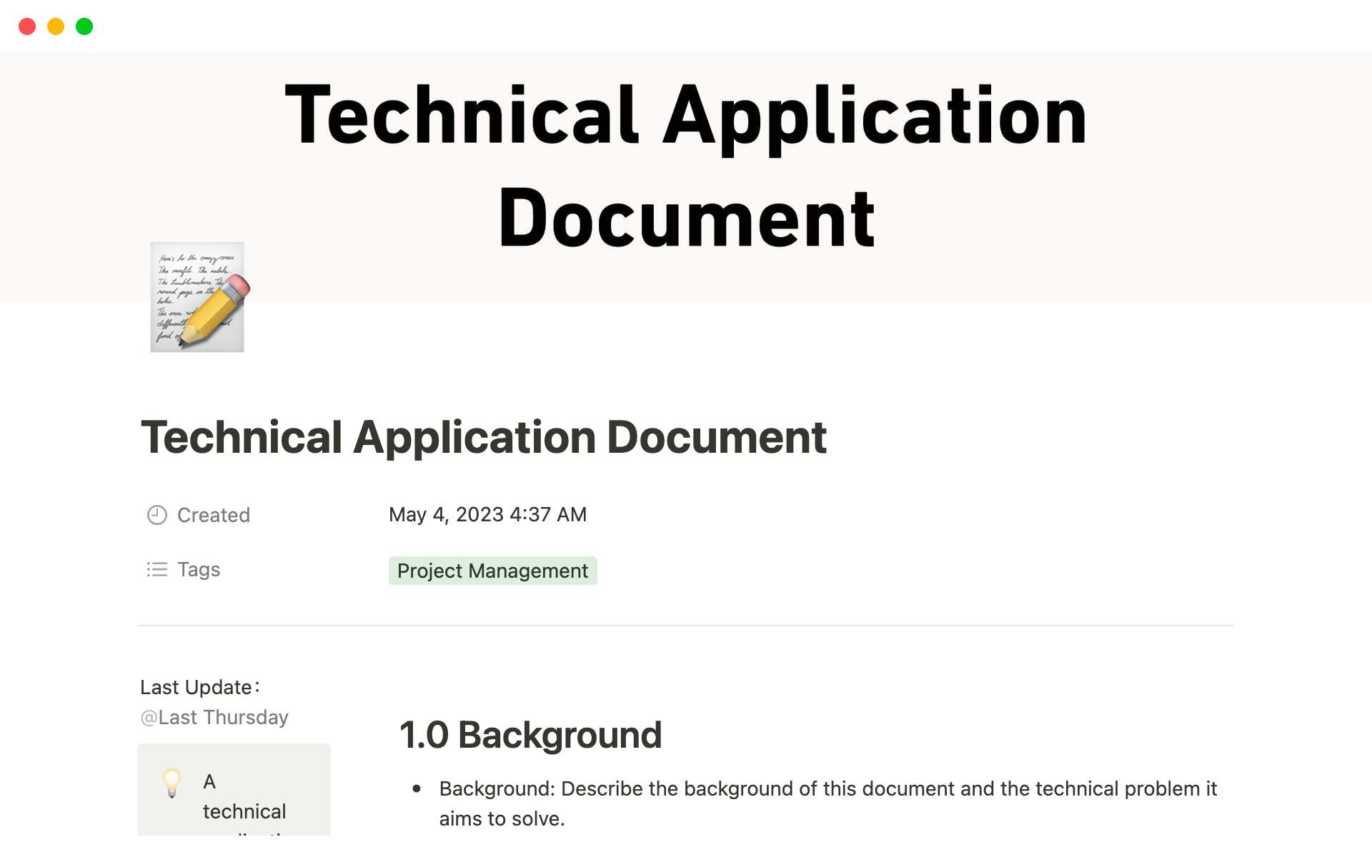 A template preview for Technical Application Document