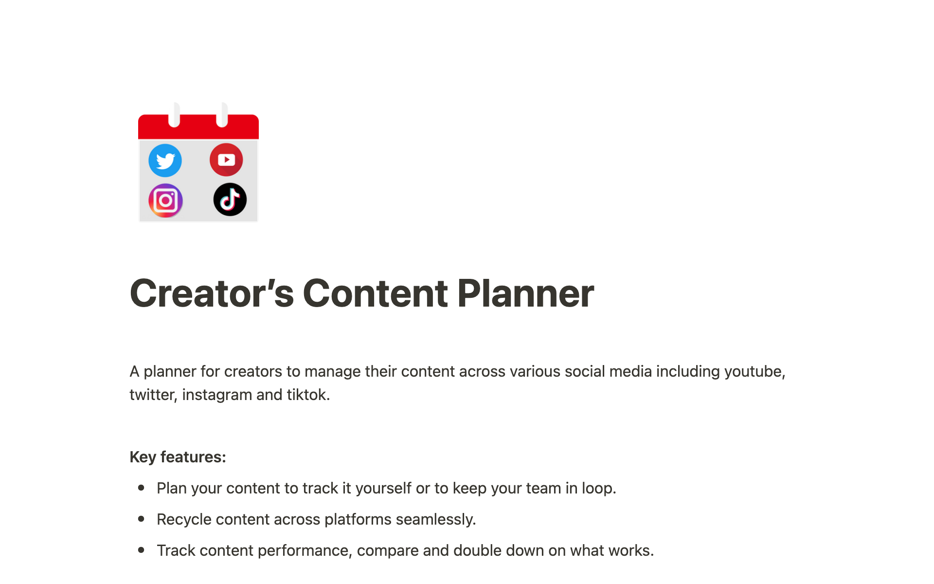Aperçu du modèle de Creator's Content Planner
