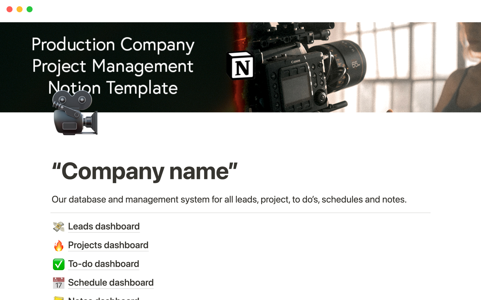 A template preview for Production company project management