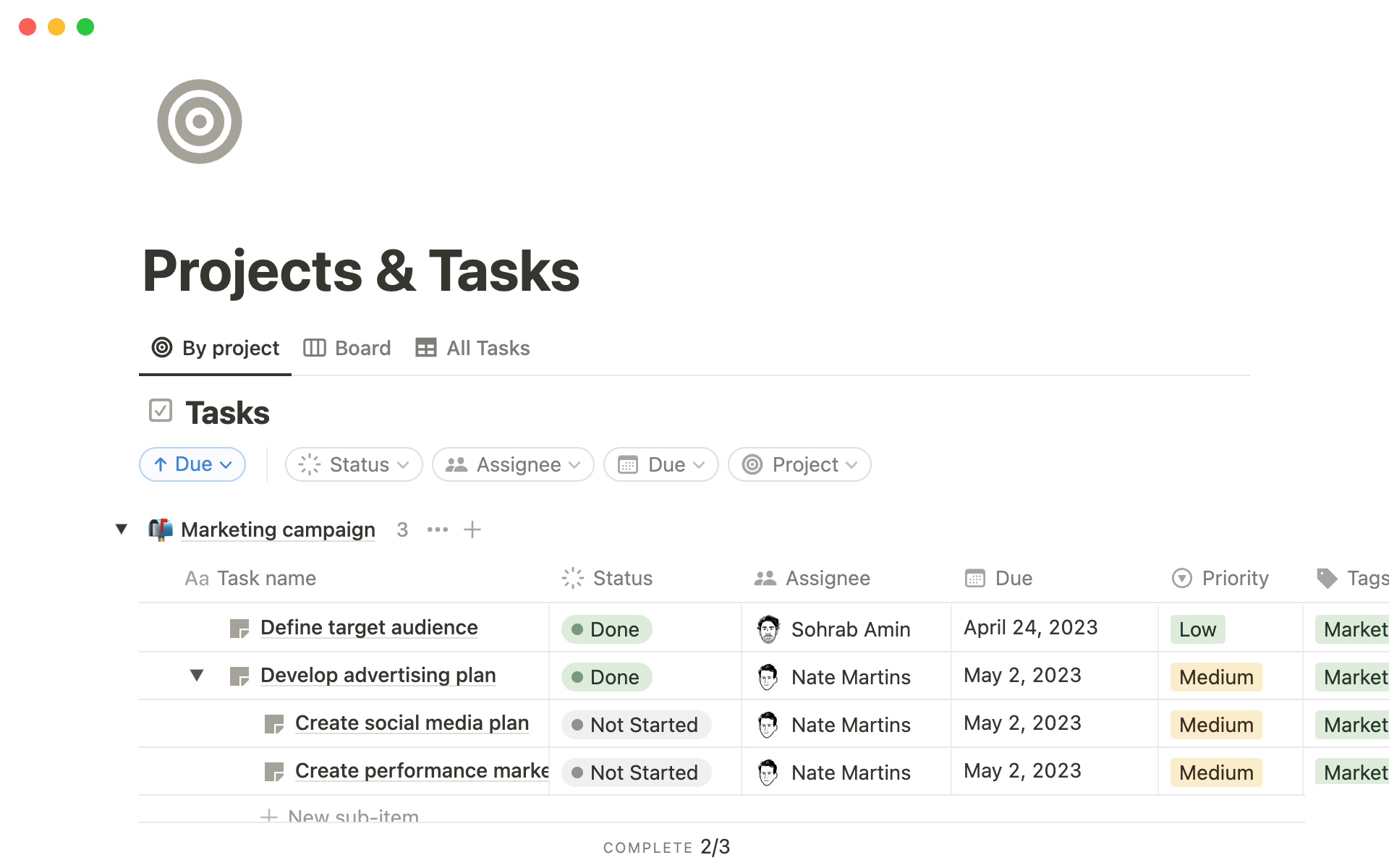 A template preview for Projects & Tasks