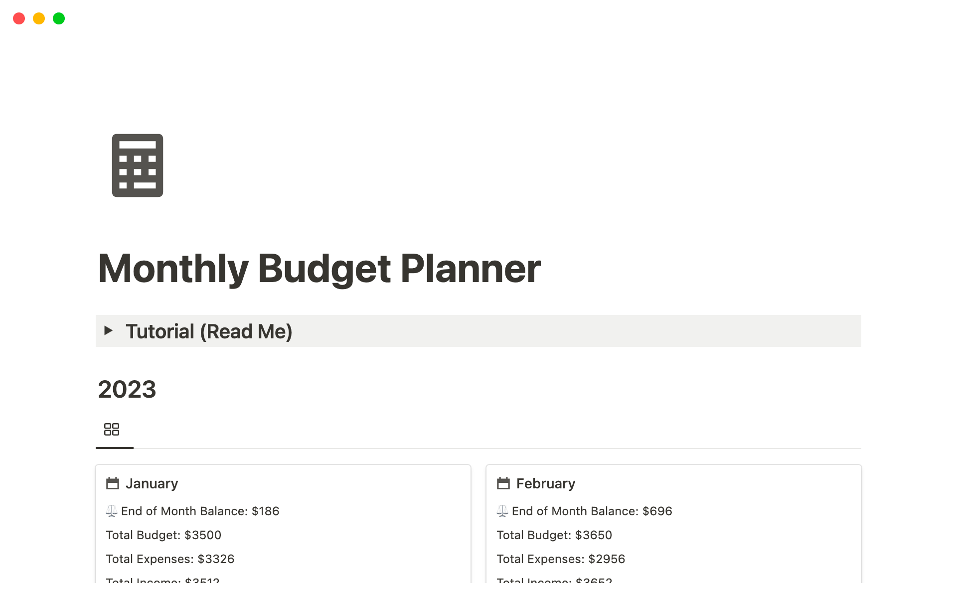 Eine Vorlagenvorschau für Budget planner with automatic remaining budget