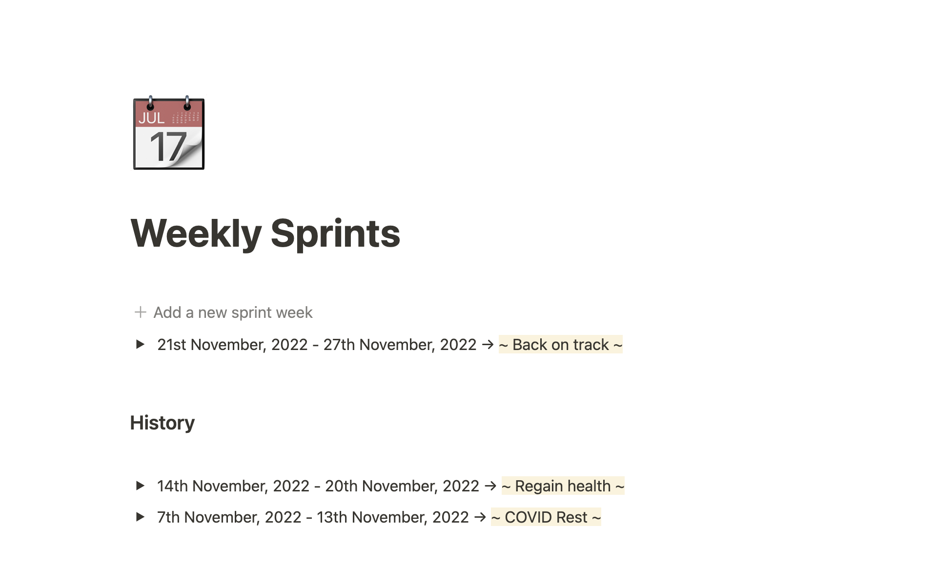 A template preview for Weekly Sprints
