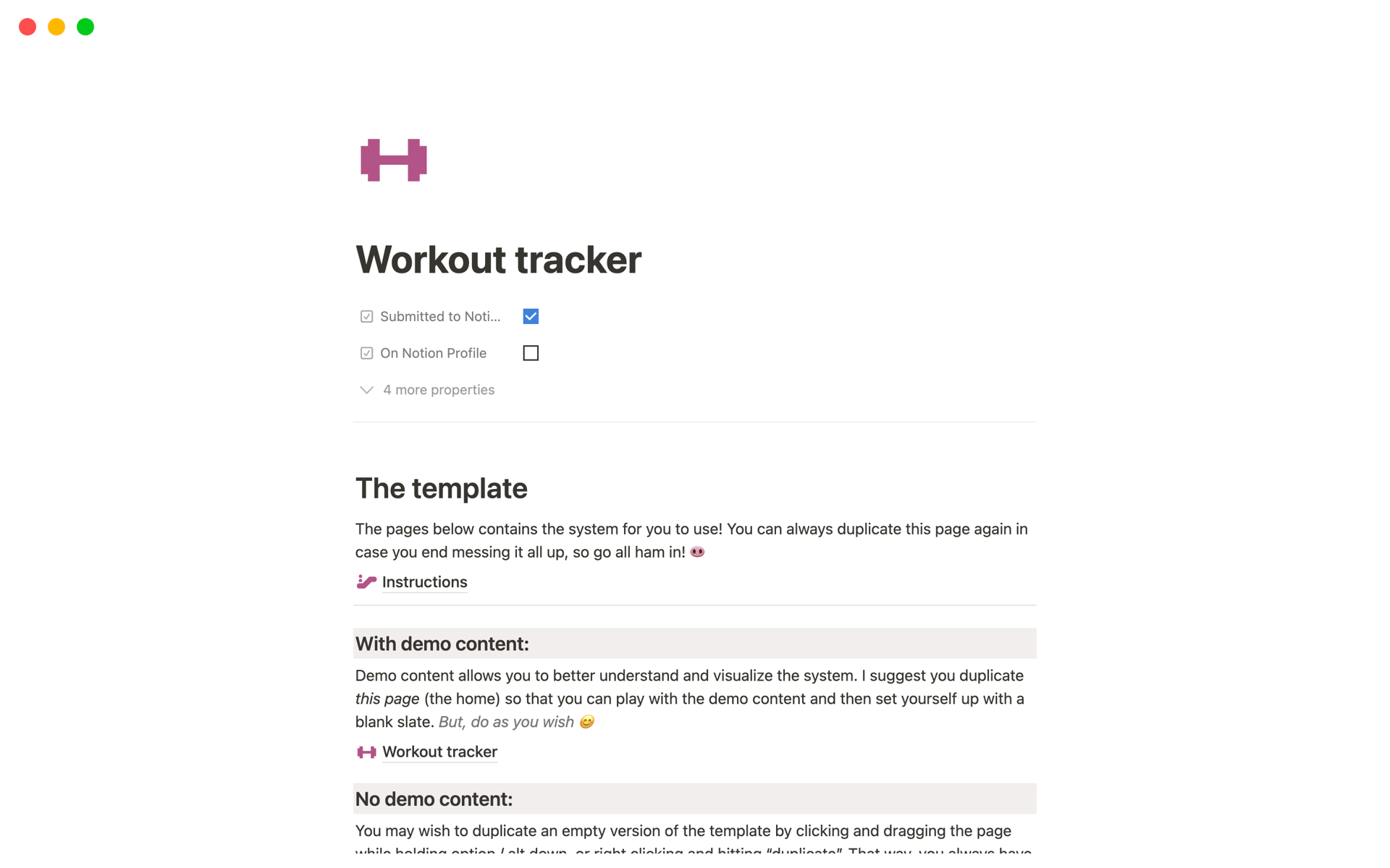 A template preview for Workout tracker