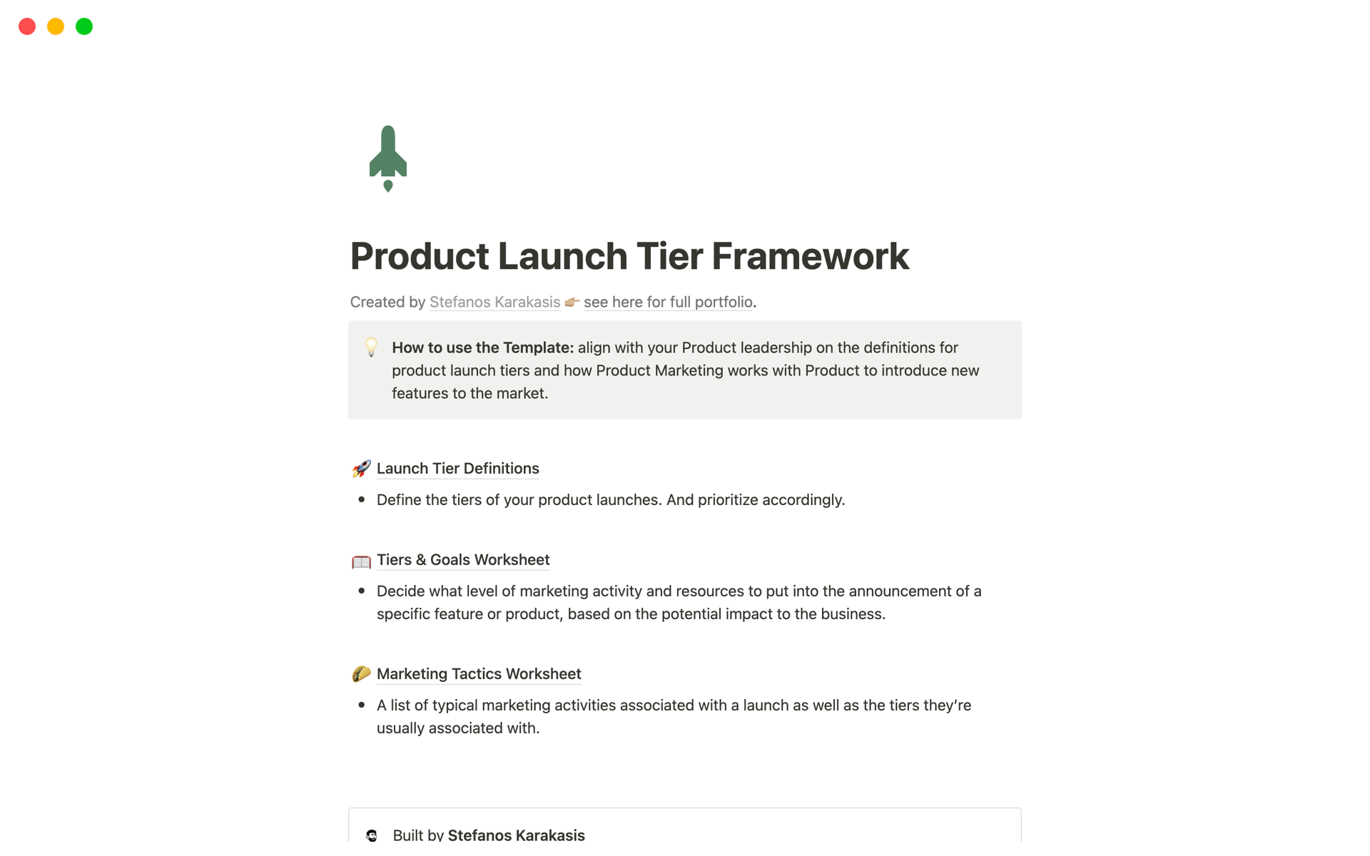 A template preview for Product Launch Tier Framework