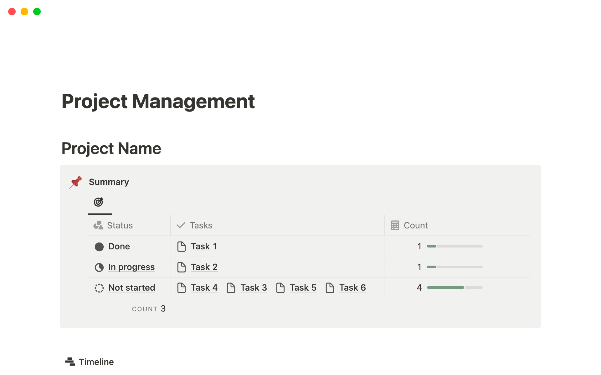 A template preview for A Simple One-Page Project Management Notion Template