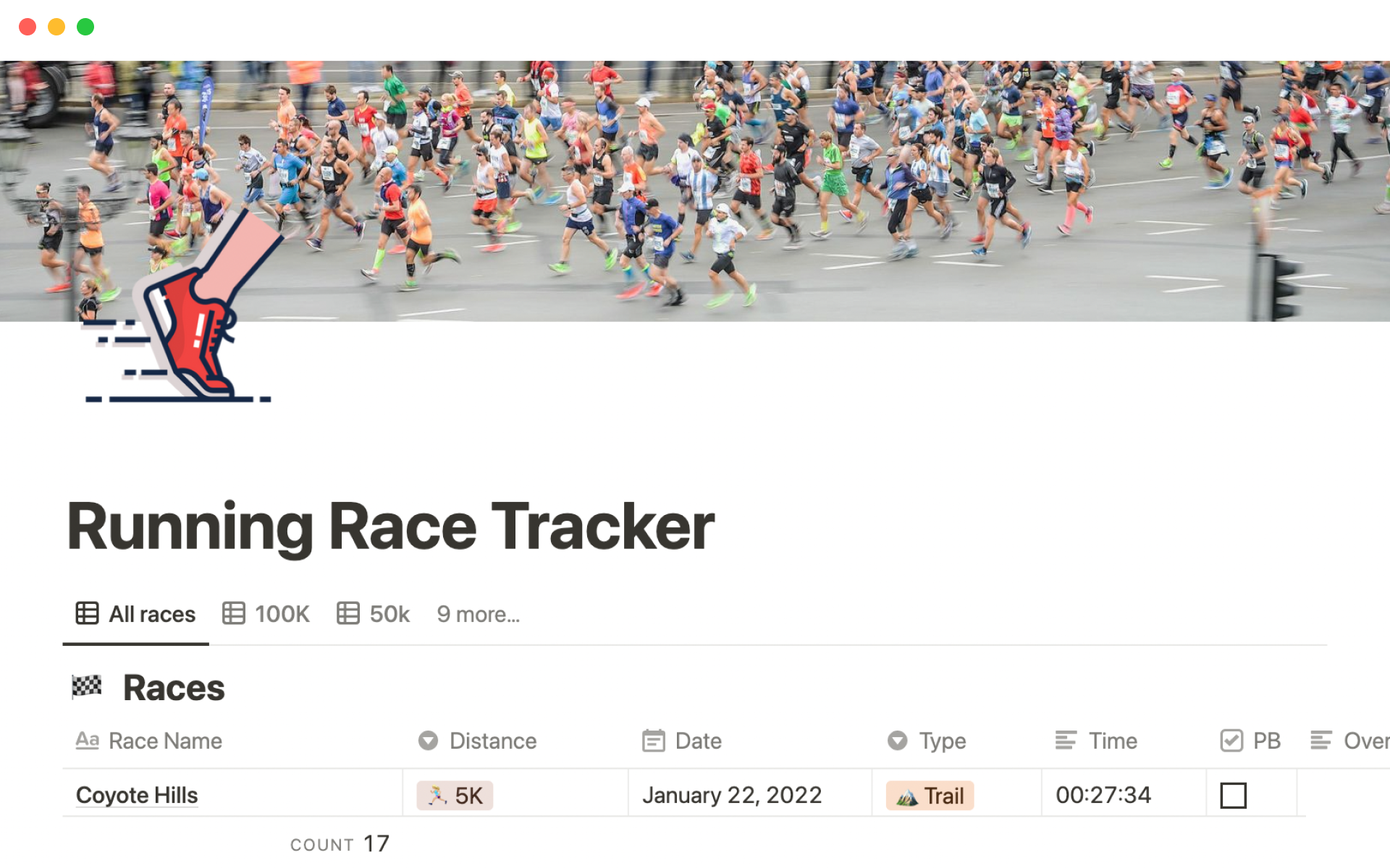 Track your upcoming and completed races, medals, and running kit.