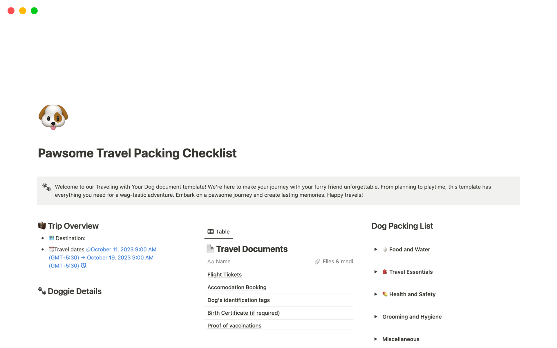 A template preview for Pawsome Travel Packing Checklist