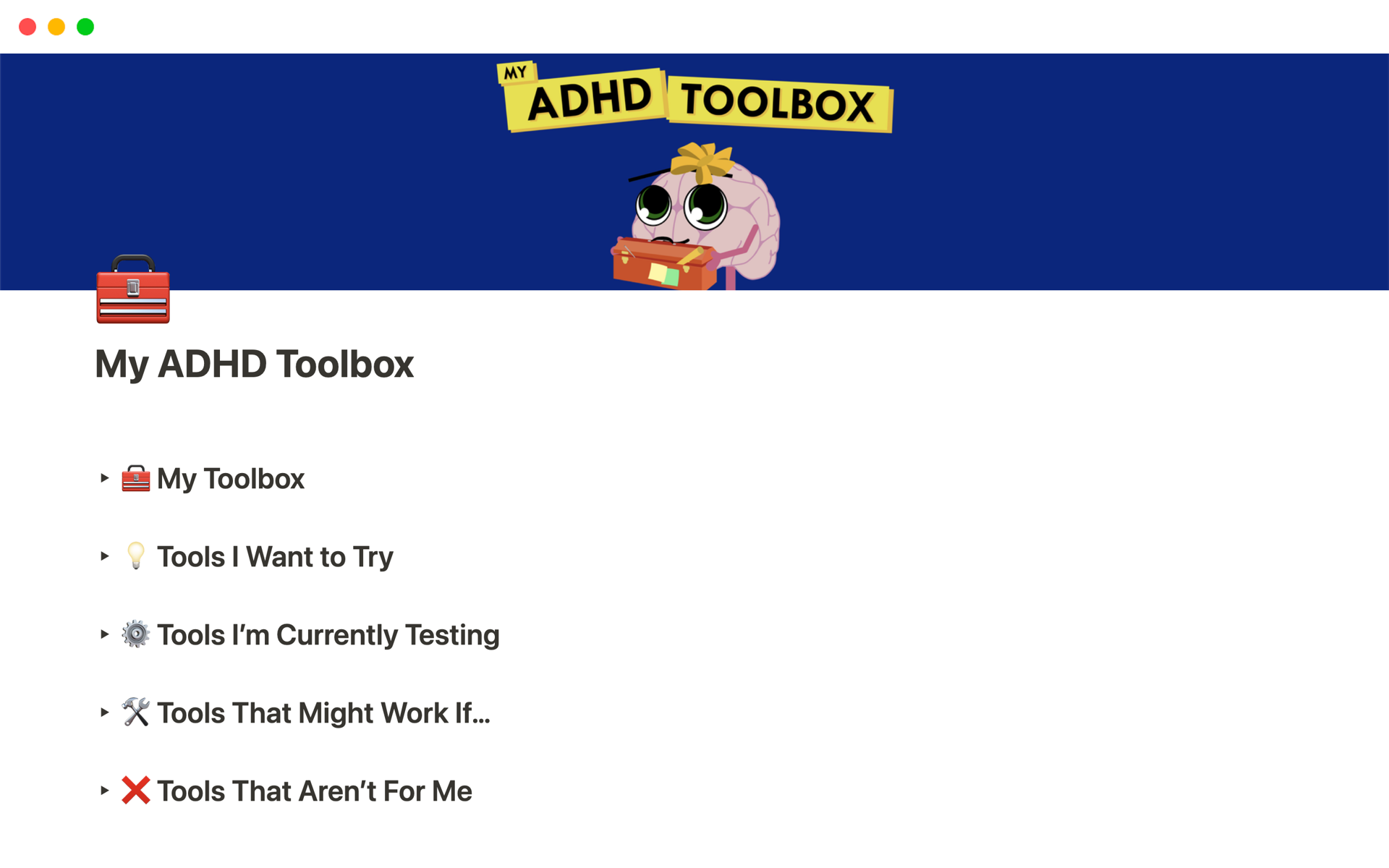 A template preview for My ADHD Toolbox