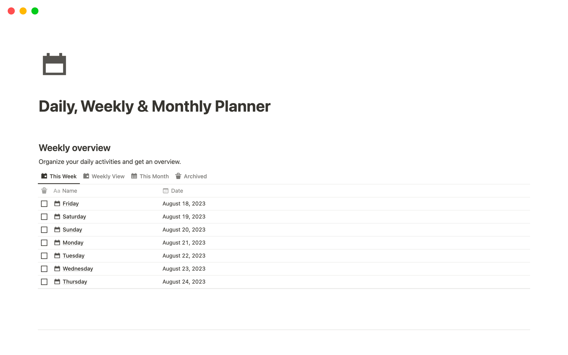 A template preview for Daily, Weekly & Monthly Planner