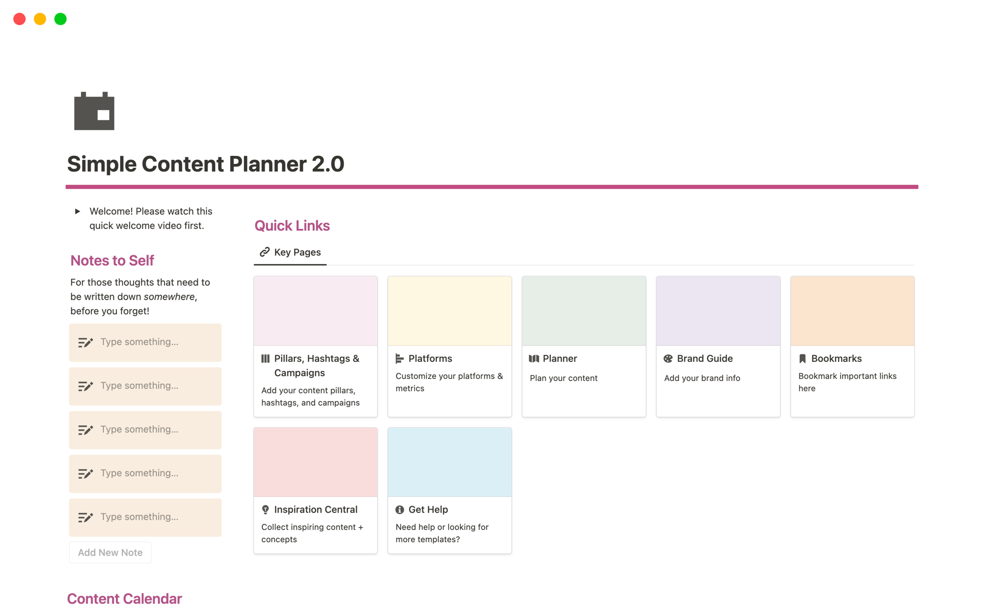 A template preview for Simple Content Planner 2.0