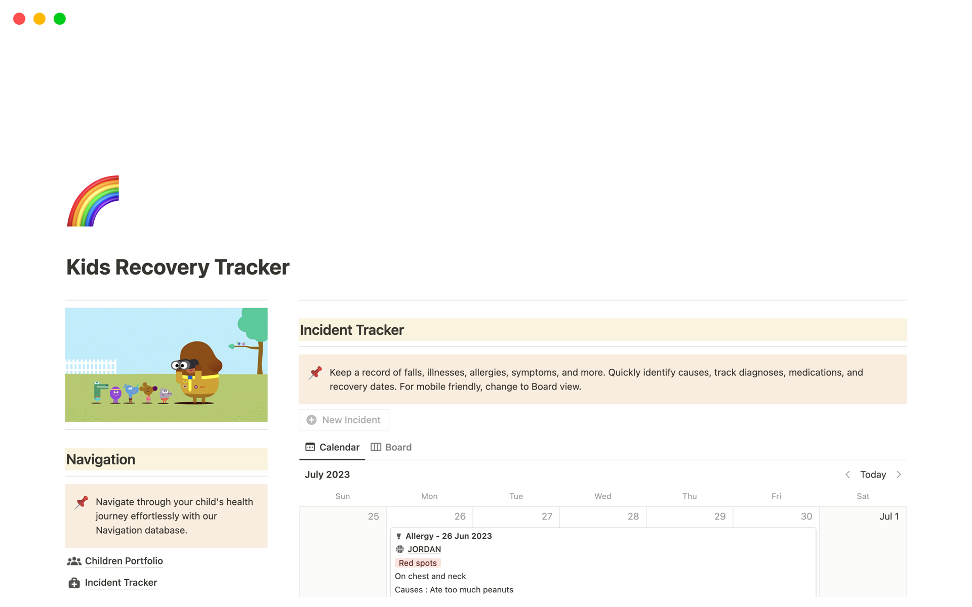 A template preview for Kids Recovery Tracker