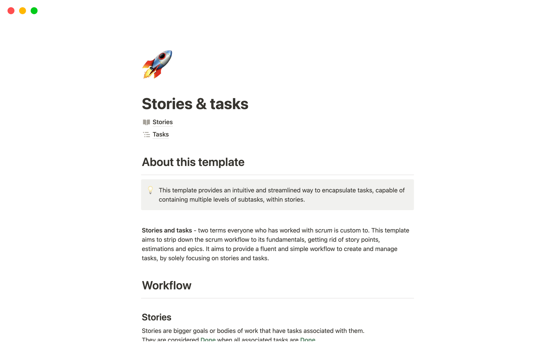 This project management template allows users to easily create and manage stories consisting out of tasks.