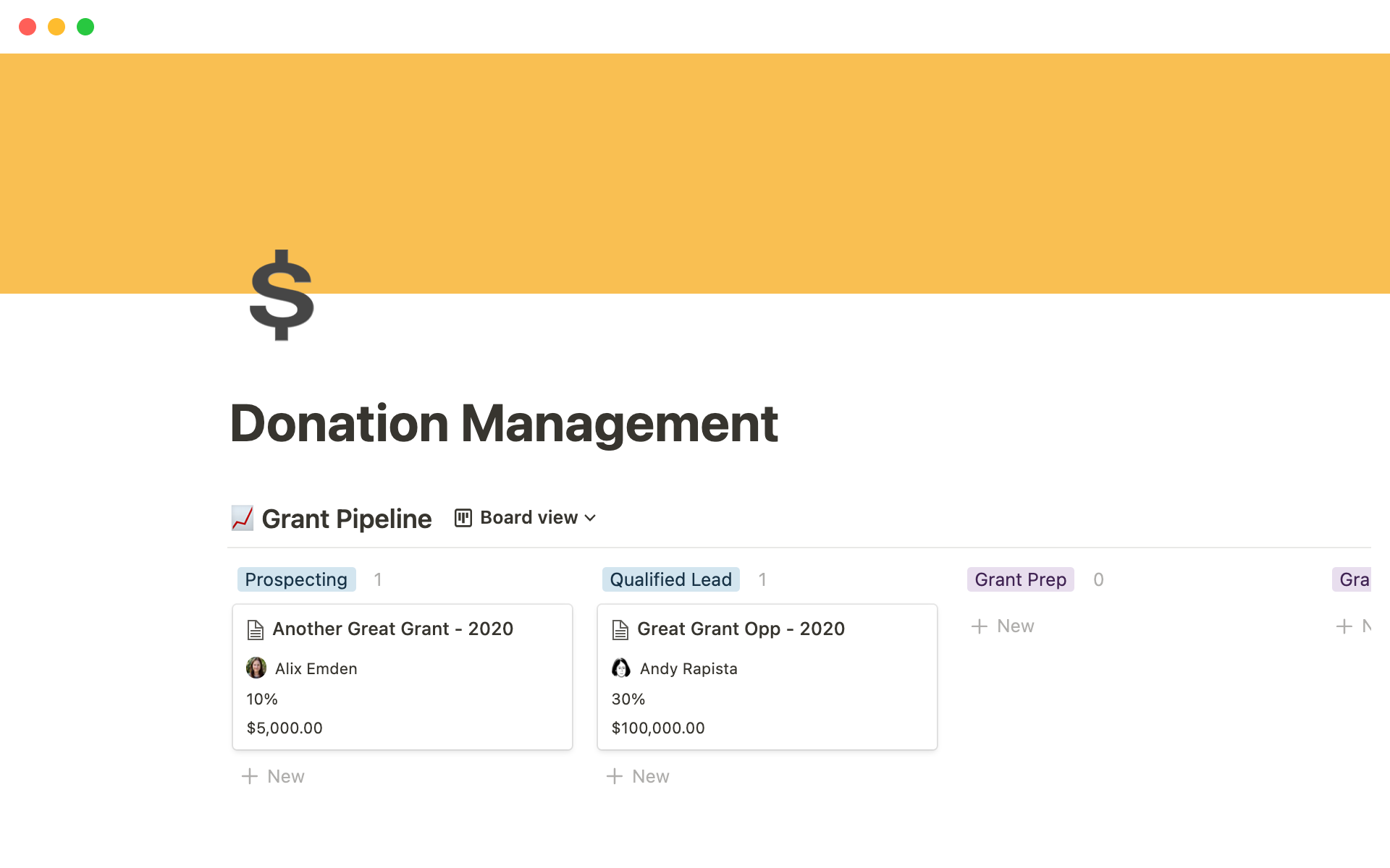 A template preview for Donation management