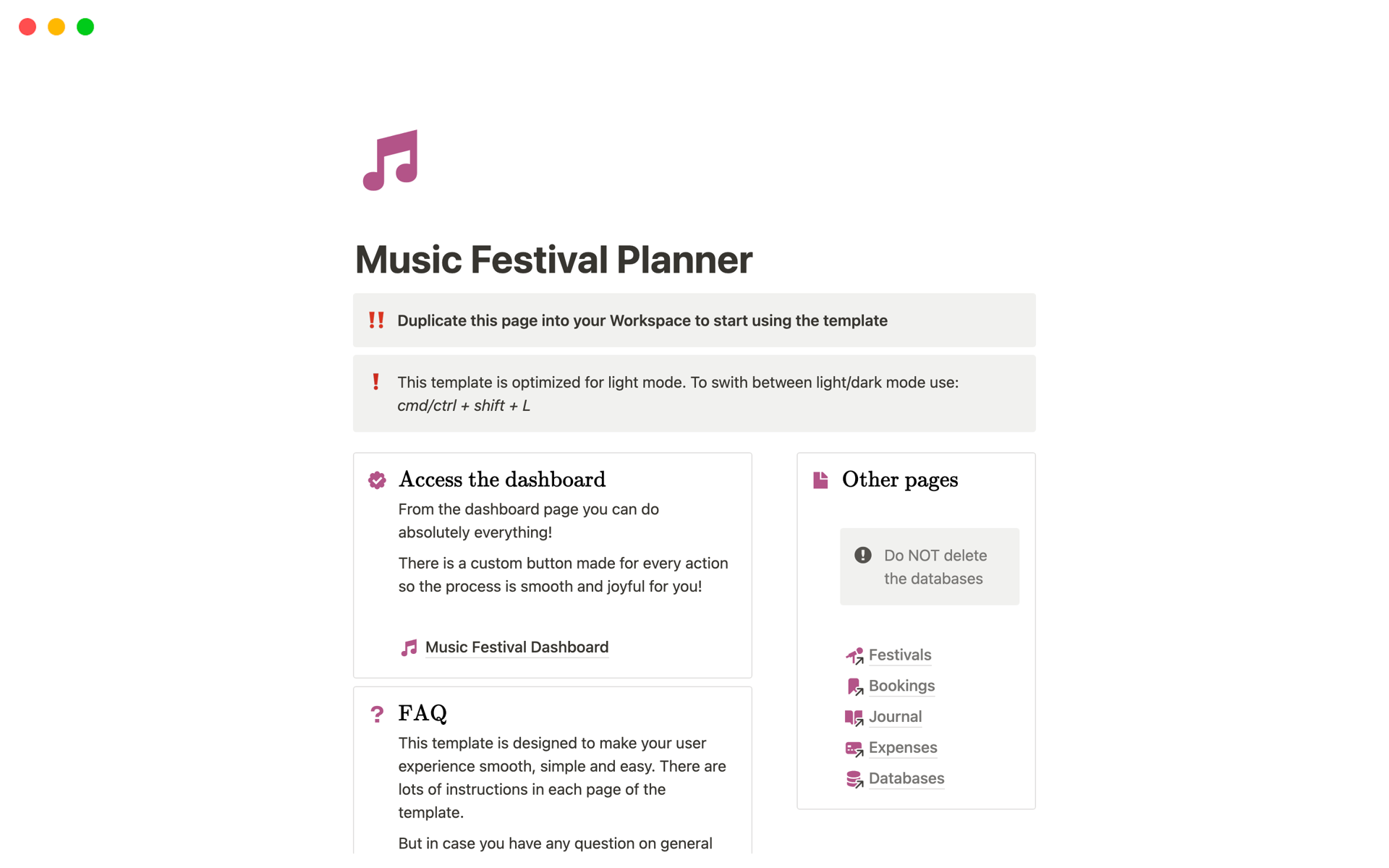 A template preview for Music Festival Planner
