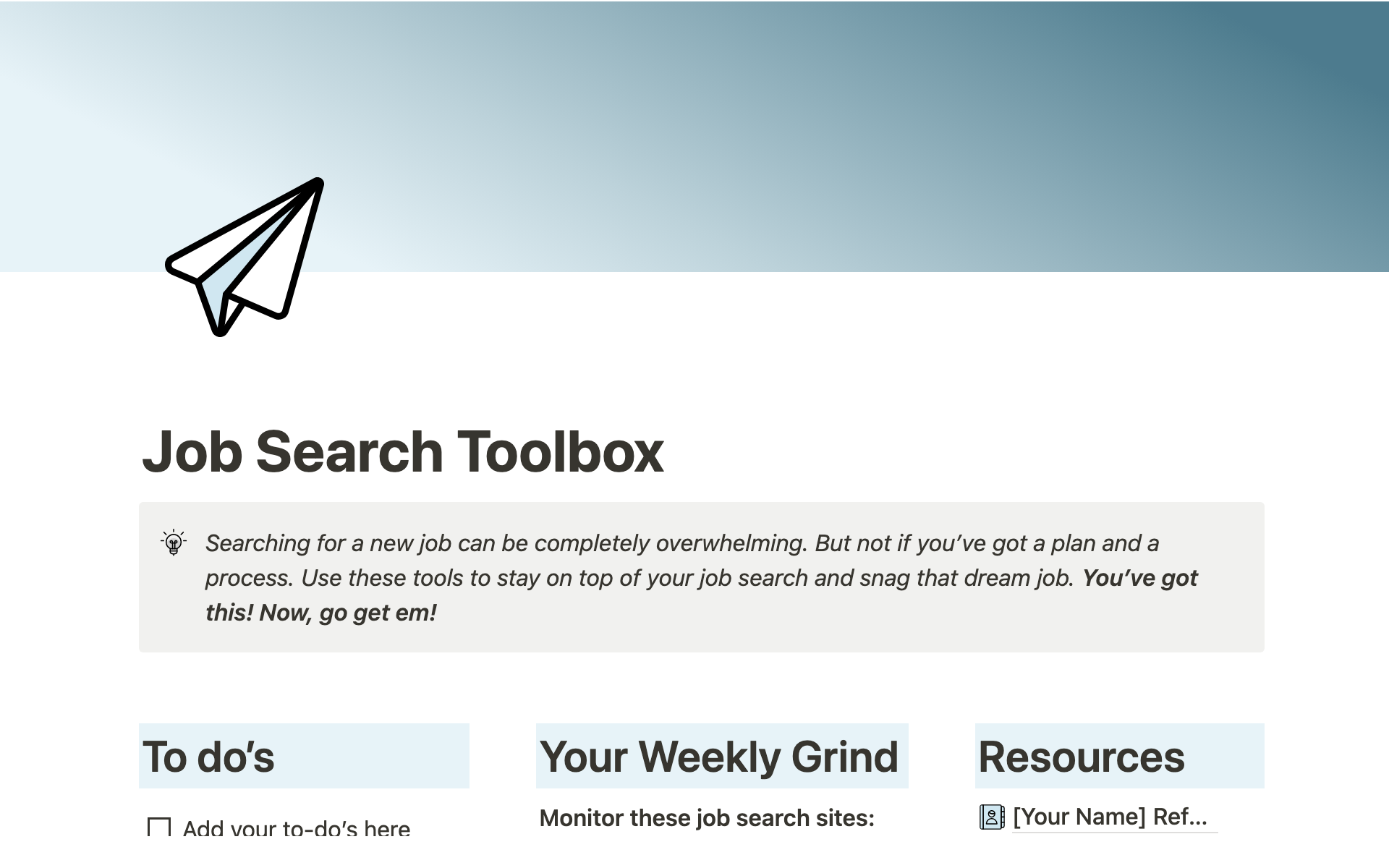 A template preview for Job Search Toolbox