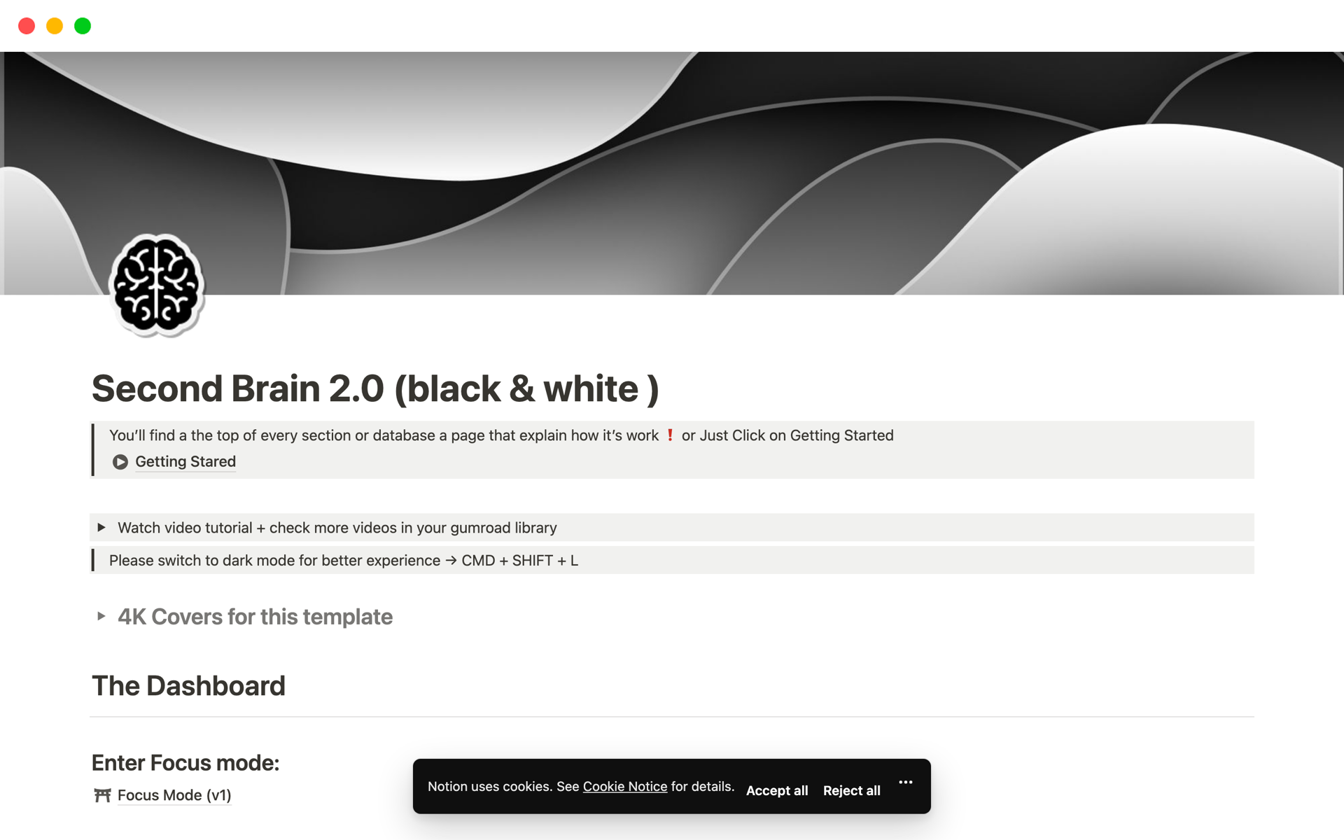 A template preview for Second Brain 2.0 (black & white)