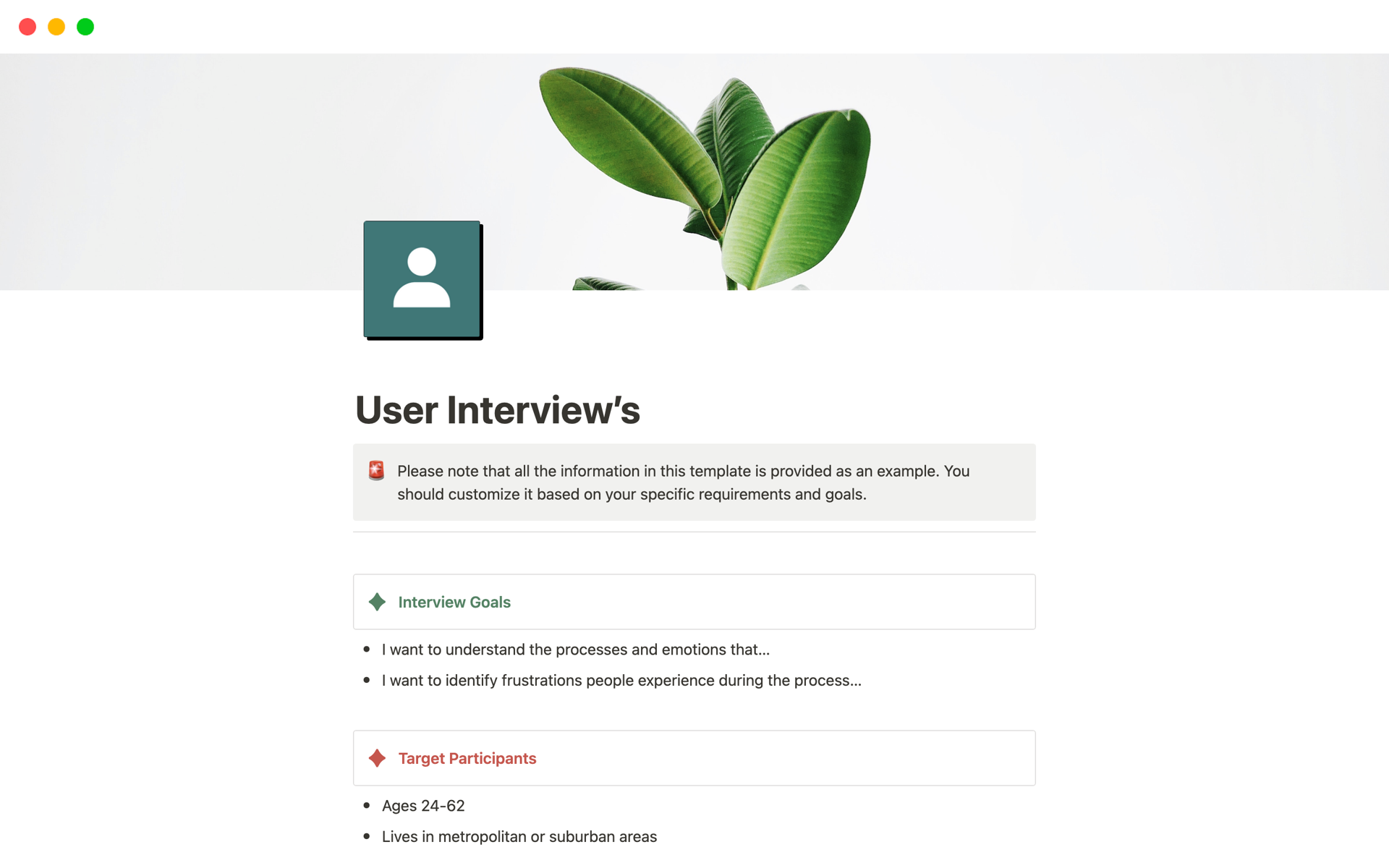 A template preview for Designer User Interviews Template