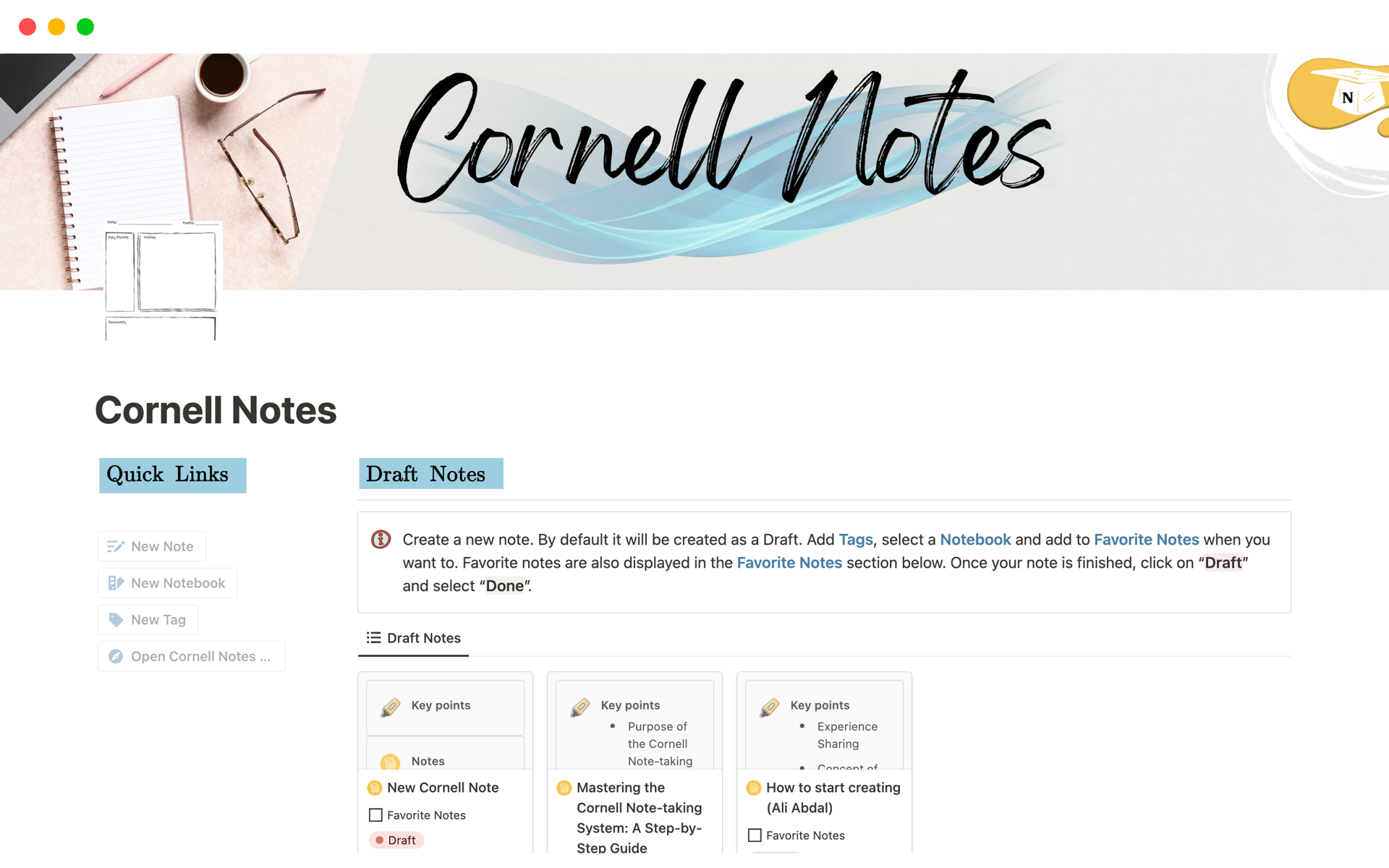 A template preview for Cornell Notes