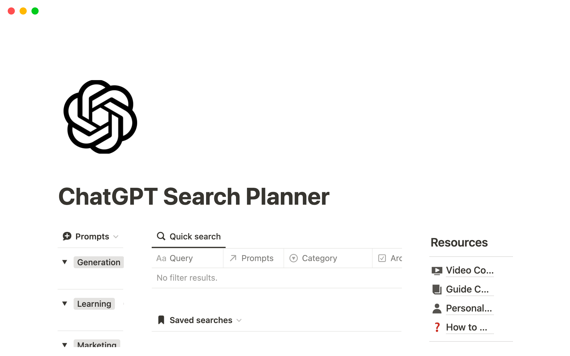 The Ultimate Search Planner to organize and streamline ChatGPT searches, prompts and resources in one place.