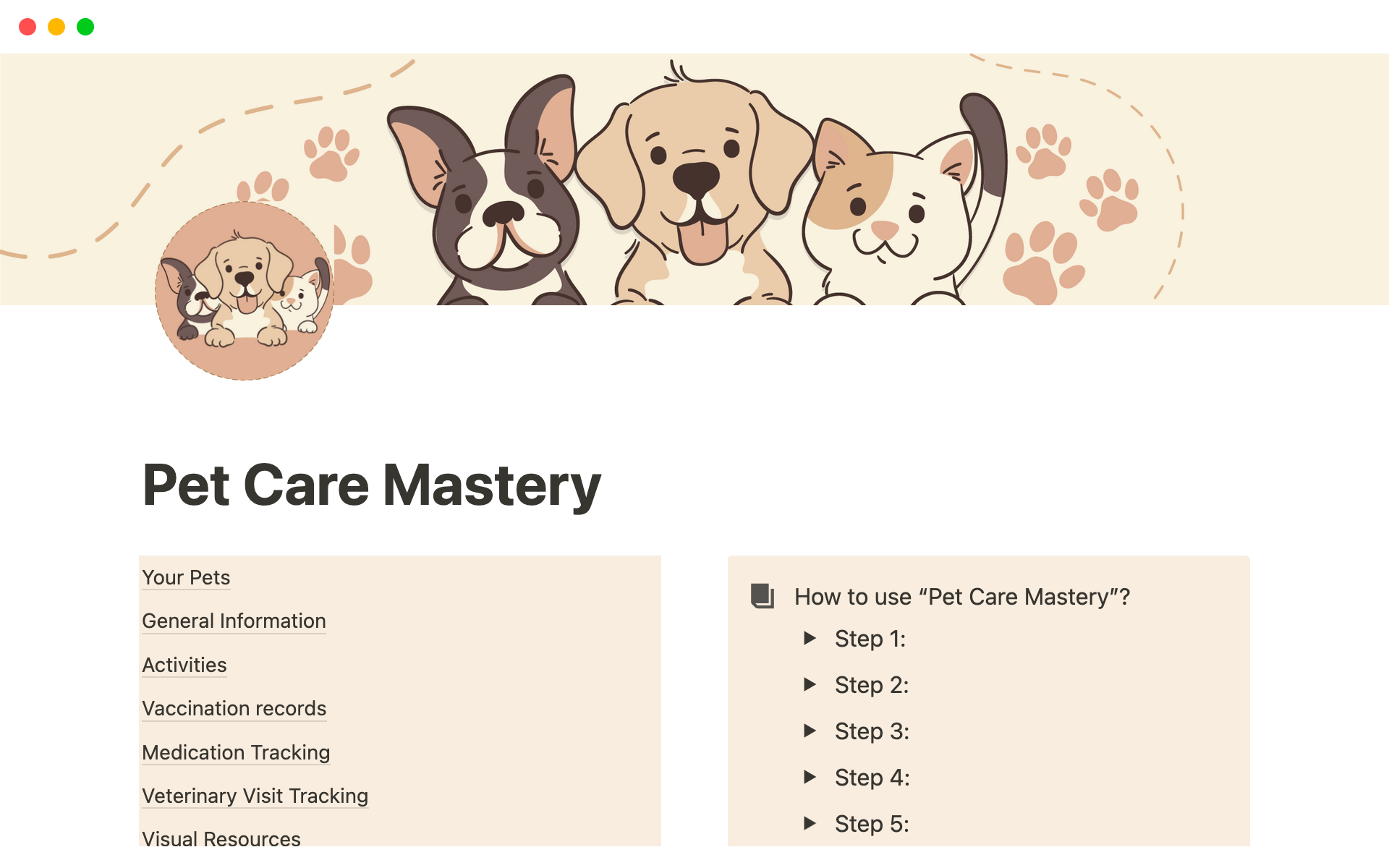 A template preview for Pet Care Mastery: Simplify Your Life as a Multi-Pet Owner with Notion Template