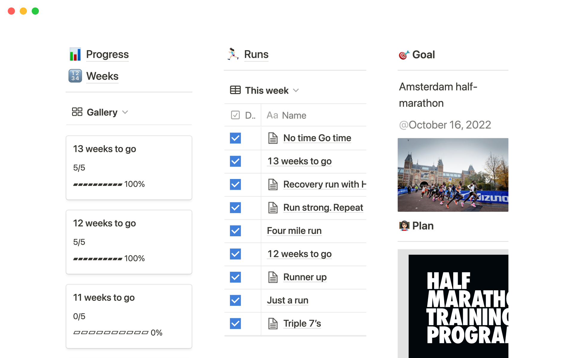 Keep track of the progress during the Nike Running Club 14 weeks half-marathon training plan.