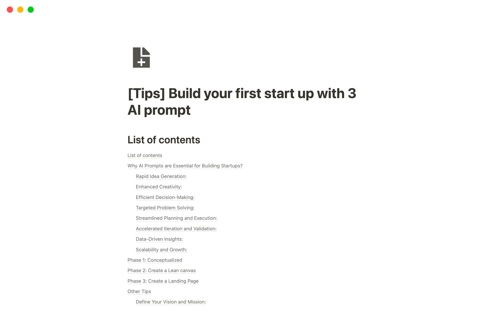 A template preview for Build your first start up with 3 AI prompts