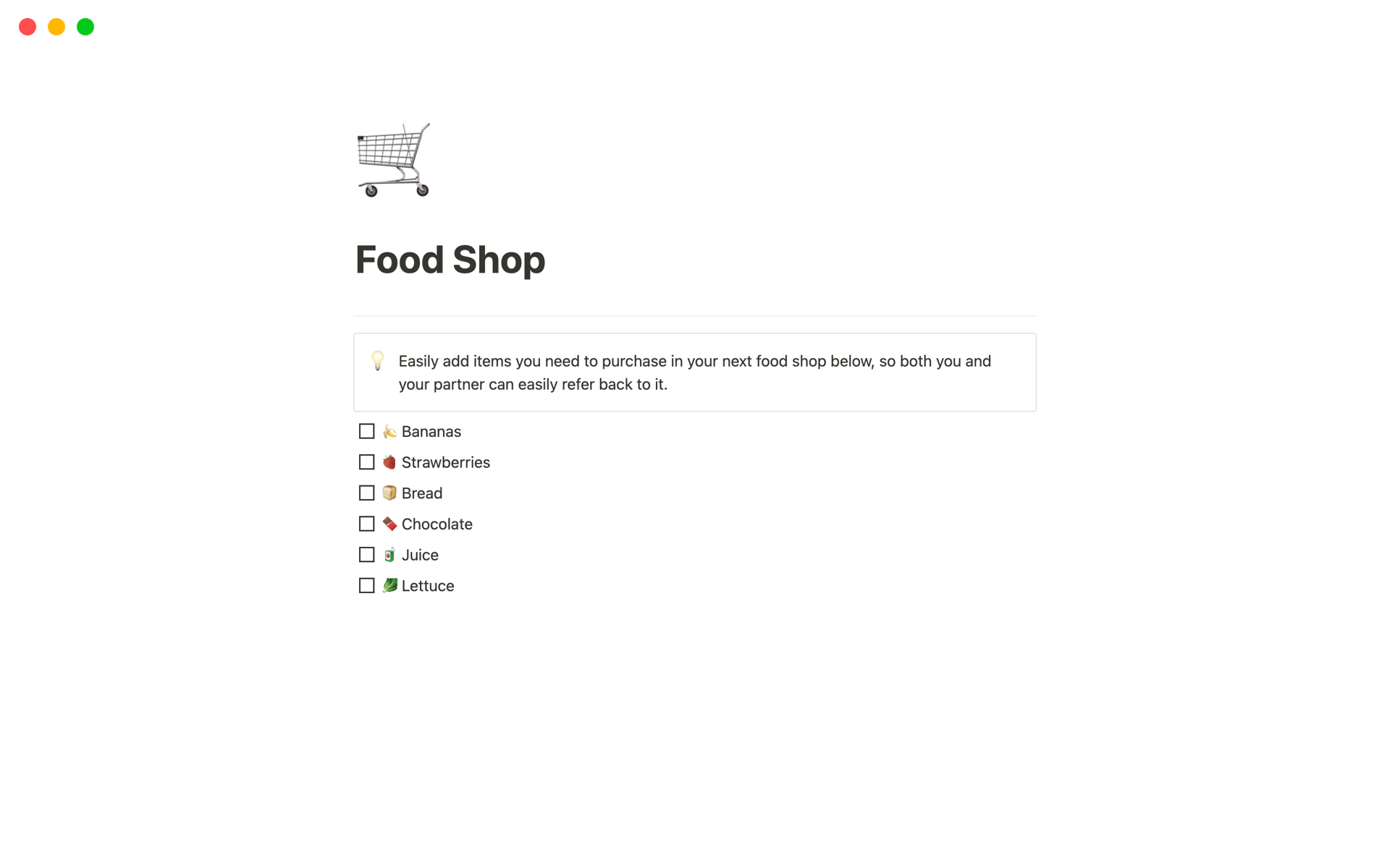 A template preview for Couple's Shared Food Shopping List