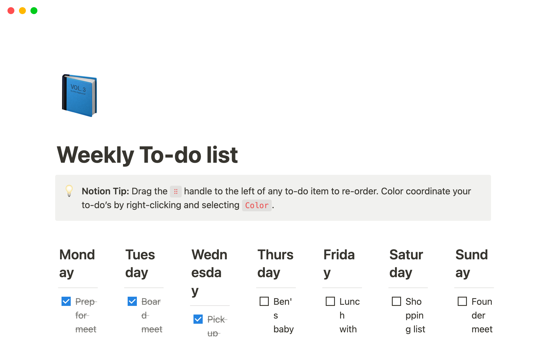 A template preview for Weekly To-do List