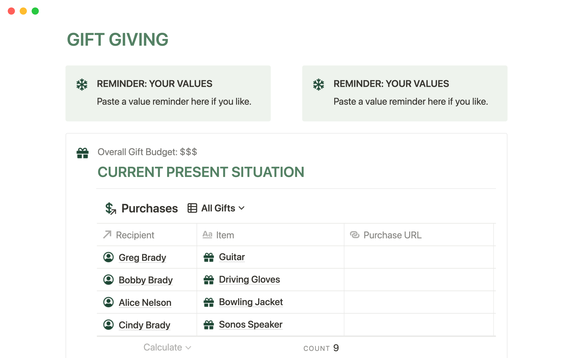 Track tasks, charitable donations, gifts, and the people you're buying gifts for this holiday season.