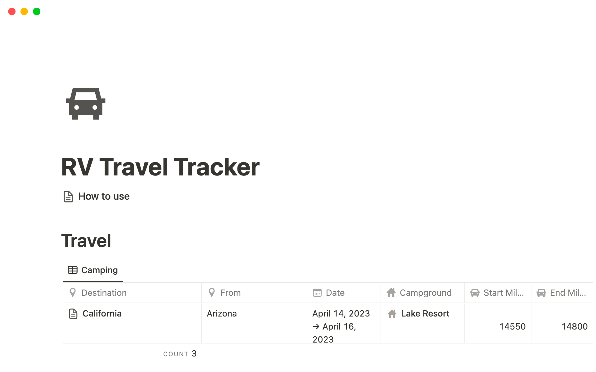 A template preview for RV Travel Tracker