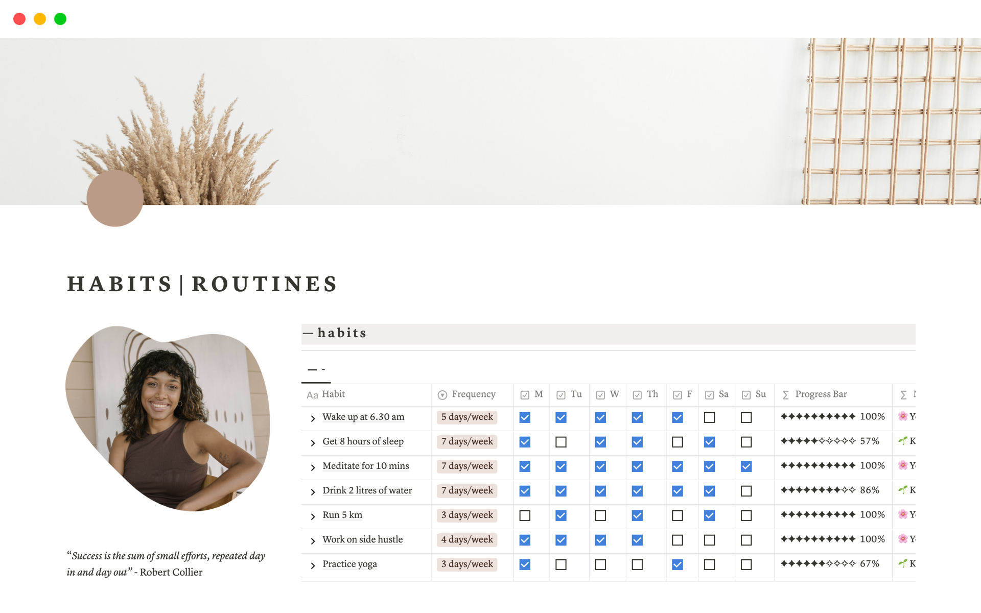 A habit tracker and routines template where you can easily set up daily habits and routines, track your progress and stay motivated to reach your goals.