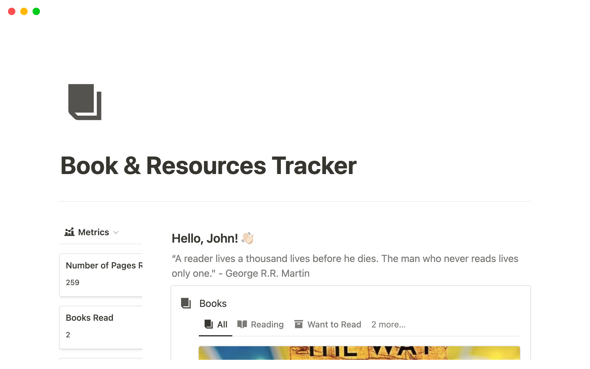 A template preview for Book & Resources Tracker