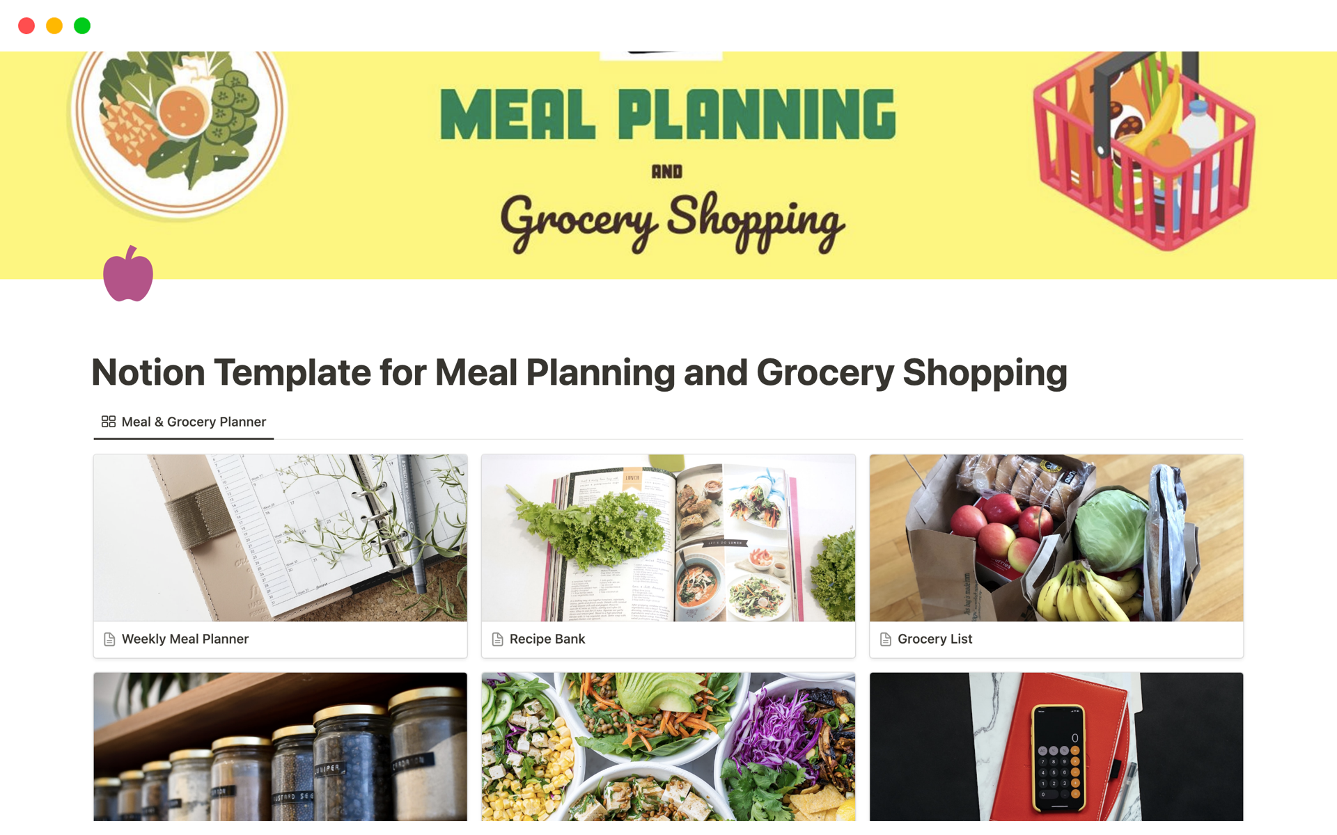 A template preview for Meal Planning