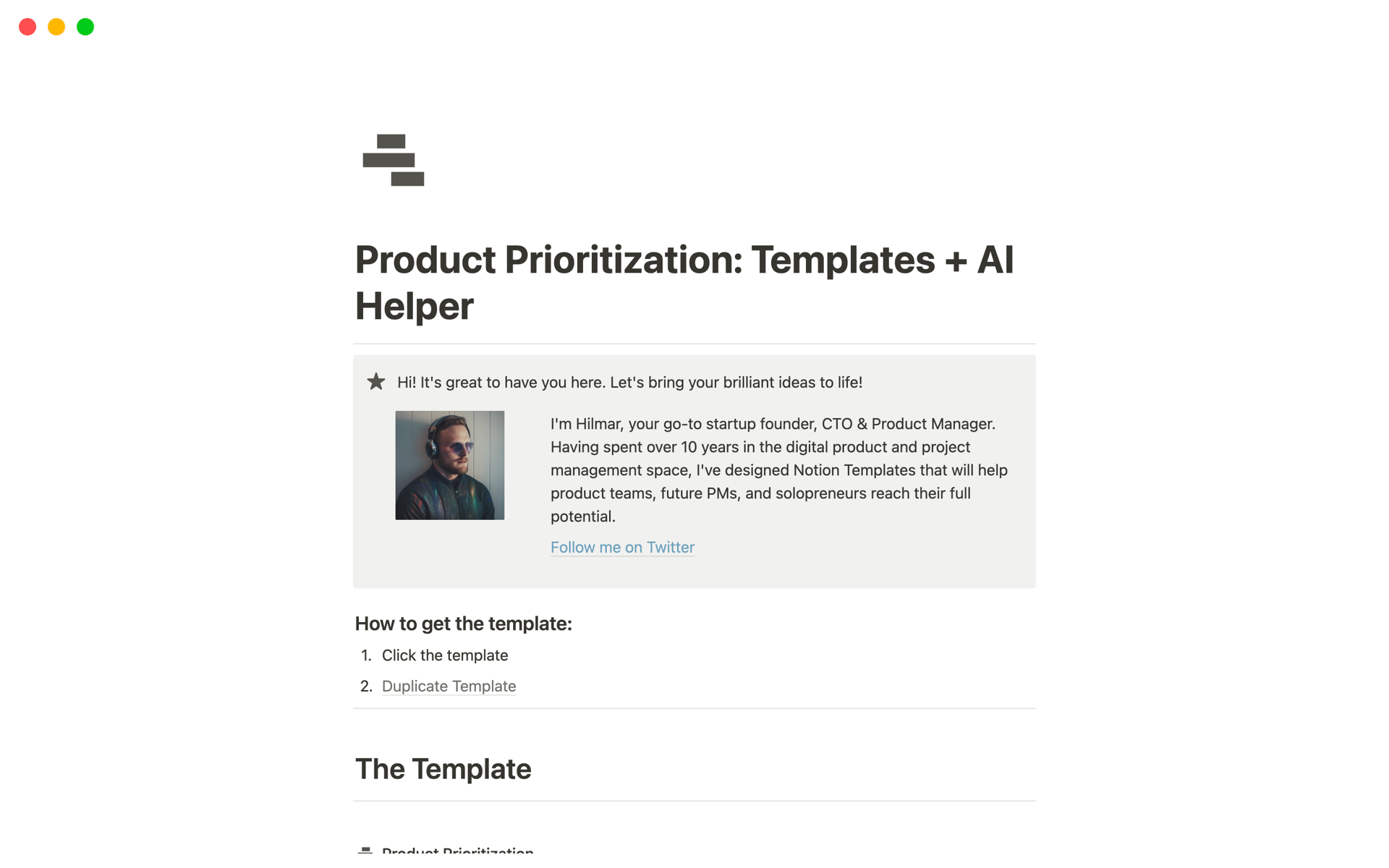 A template preview for Product Prioritization: Templates + AI Helper