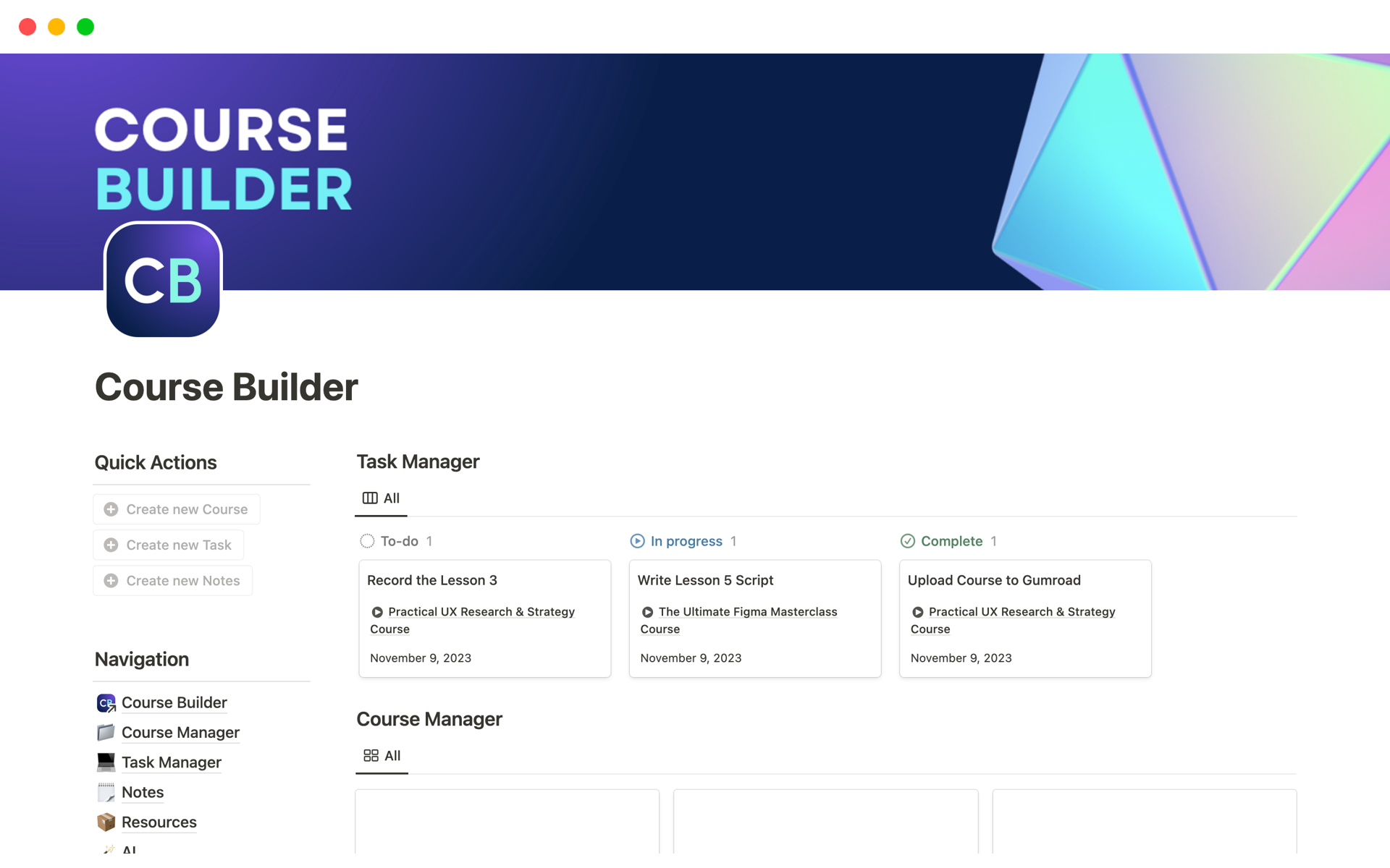 A template preview for Course Builder