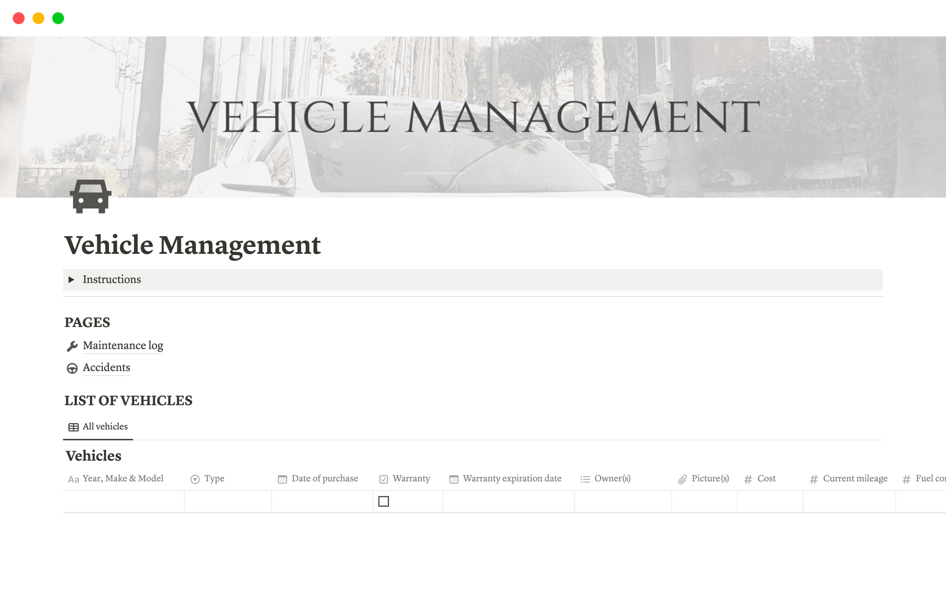 Vehicle Management Notion Template